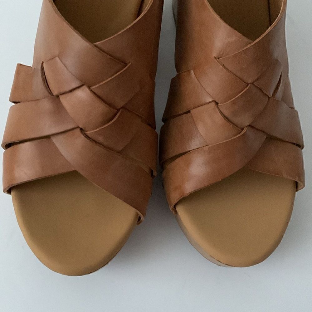 Korks Bagley brown basket woven leather upper open toe wooden heel size 11 - Picture 2 of 12